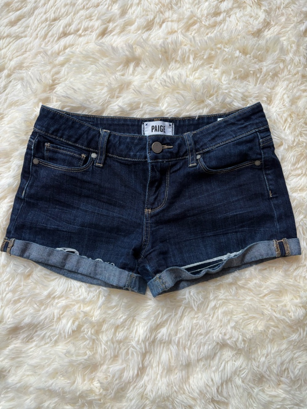 Paige Women’s Dark Wash Cuffed Denim Shorts Size 26 Low Rise
